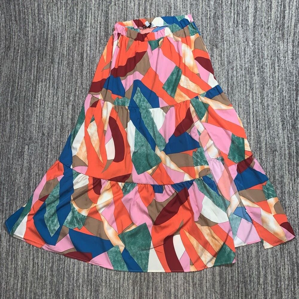 Luukse Women's Large‎ Abstract Multicolored Geometric Long Maxi Skirt Big Split